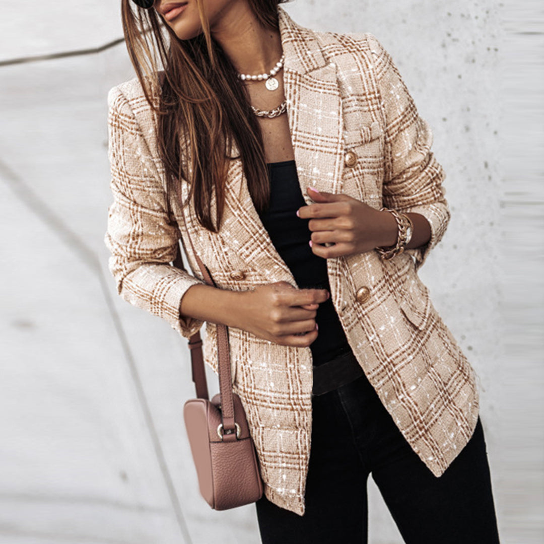 Women's Lightweight Double-Breasted Plaid Blazer with Gold Buttons and Flap Pockets