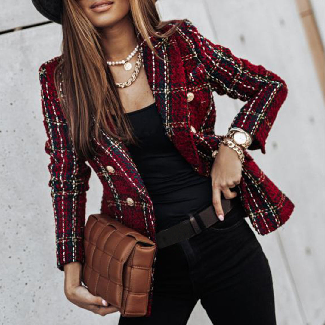 Women's Lightweight Double-Breasted Plaid Blazer with Gold Buttons and Flap Pockets
