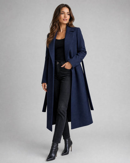 Women's Long Belted Coat with Wide Lapels and Tie Belt