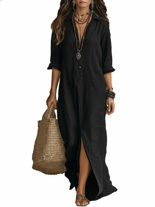 Women's Long Bohemian Style Shirt Dress with Shirt Collar and Slit - 1