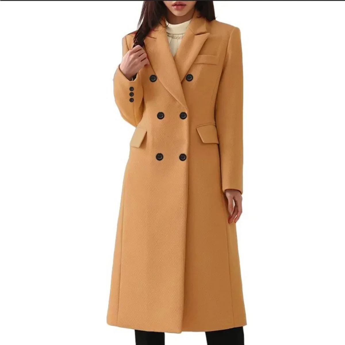 Women's Long Double Breasted Winter Coat with Notch Lapel