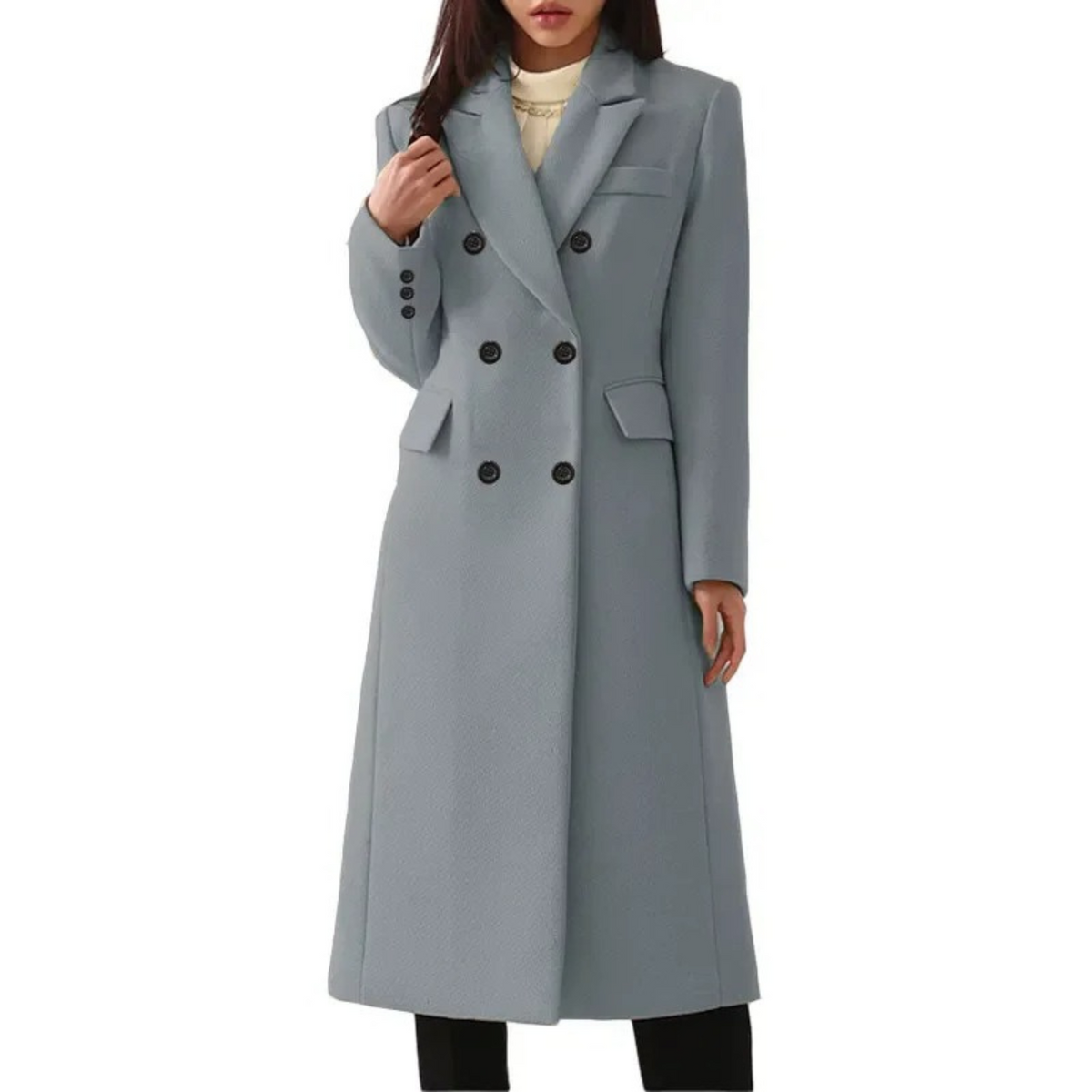Women's Long Double Breasted Winter Coat with Notch Lapel