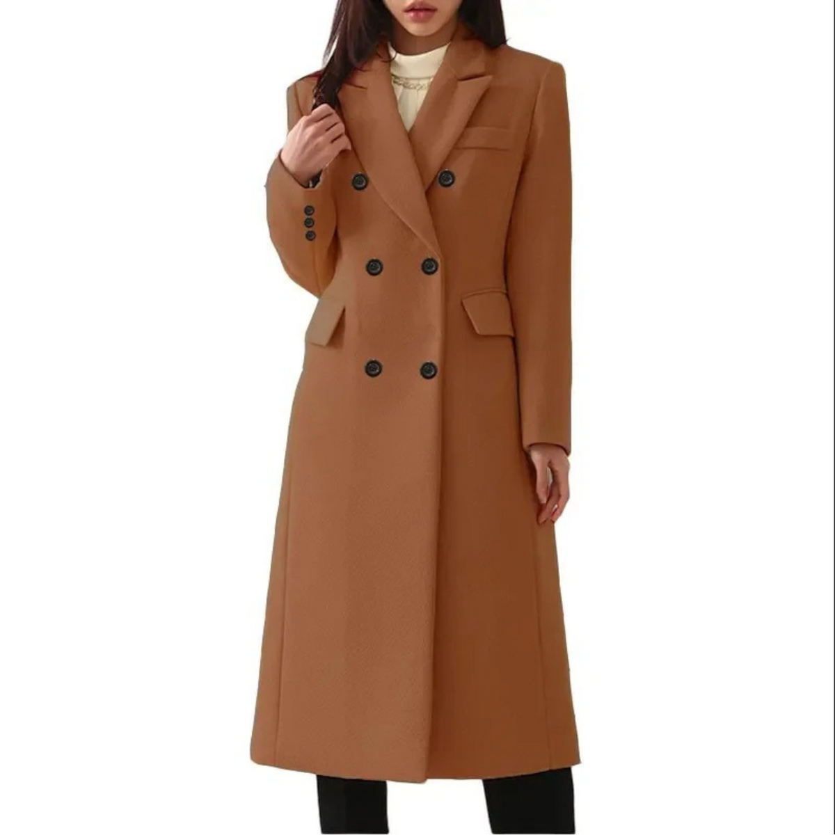 Women's Long Double Breasted Winter Coat with Notch Lapel
