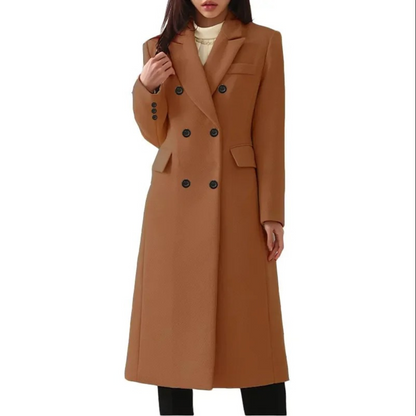 Women's Long Double Breasted Winter Coat with Notch Lapel