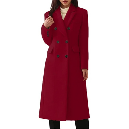 Women's Long Double Breasted Winter Coat with Notch Lapel