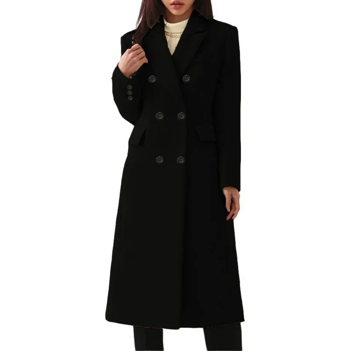 Women's Long Double Breasted Winter Coat with Notch Lapel