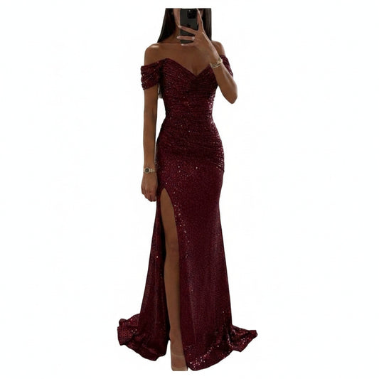 Women’s Long Evening Dress with Sequins, Off-Shoulder and Slit - 1