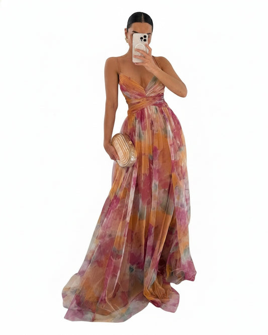 Women's Long Evening Dress with Straps, V-Neck and Floral Print - 1