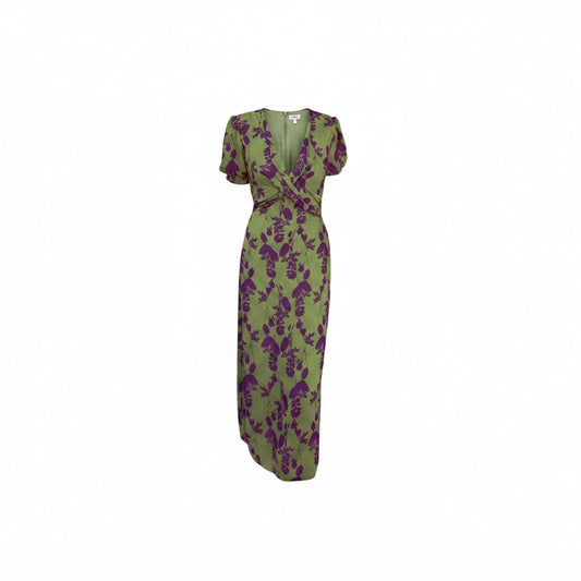 Women's Long Floral Print Dress with V-Neck and Puff Short Sleeves - 1