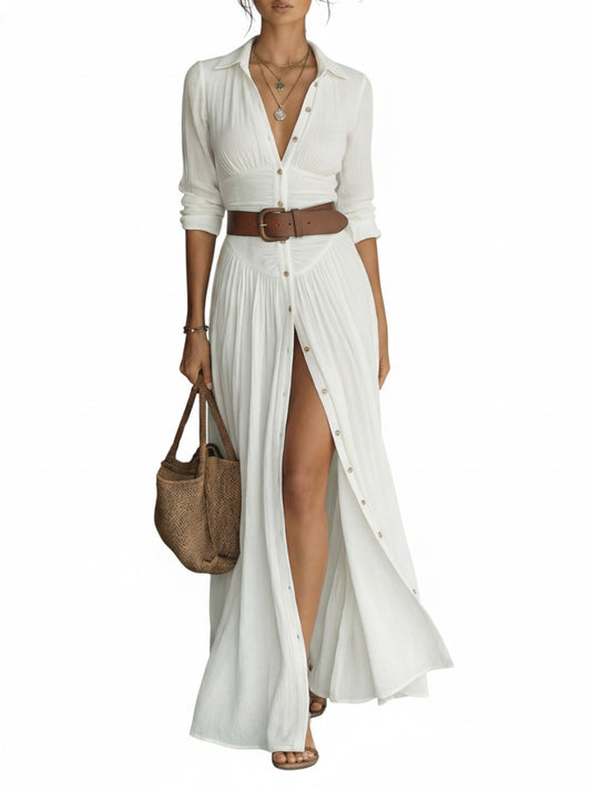 Women's Long Maxi Dress with Shirt Collar, Long Sleeves, and Slit - 1
