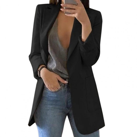 Women's Long Open-Front Blazer with Notch Lapel and Front Pockets