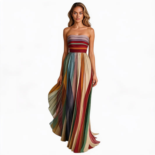 Women's Long Pleated Strapless Dress with Multicolored Stripes - 1