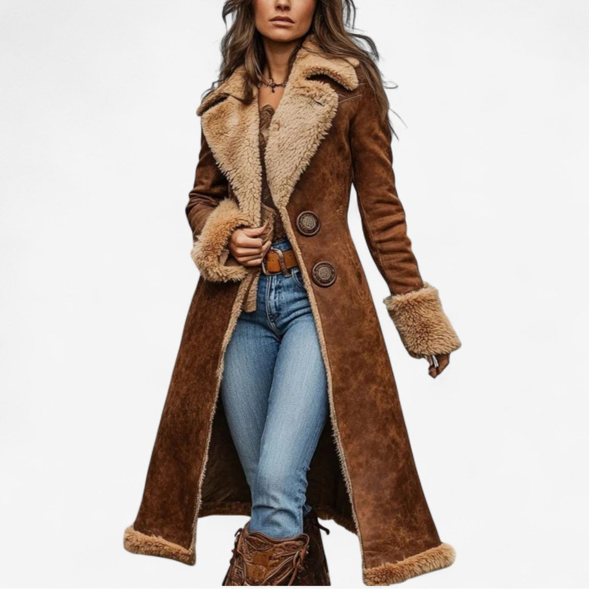Women's Long Sherpa Lined Coat with Large Collar and Oversized Buttons