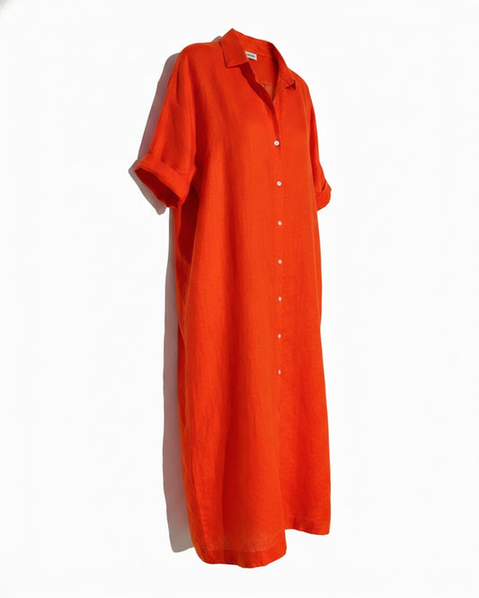 Women's Long Short Sleeve Shirt Dress with Shirt Collar and Front Buttoning - 1