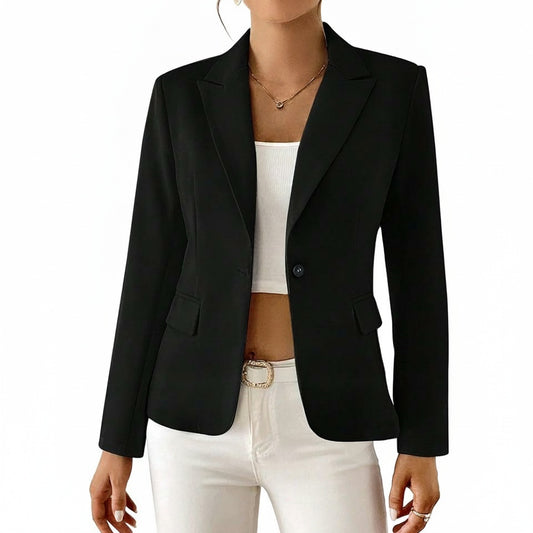 Women's Long Sleeve Blazer with Single Button and Notched Collar - 1