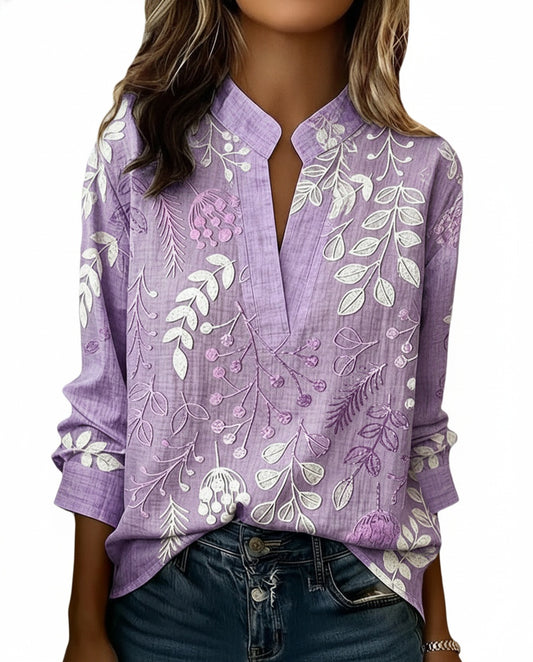 Women’s Long Sleeve Blouse with V-Neck and Botanical Print - 1