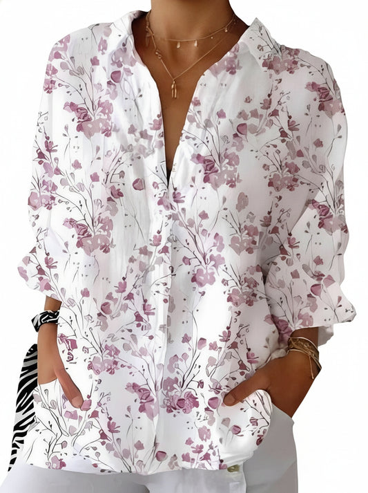 Women's Long Sleeve Blouse with V-Neck and Print - 1