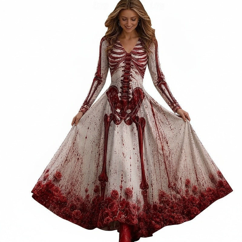 Women's Long Sleeve Halloween A-Line Maxi Dress with Deep V-Neck and Skeleton Print - 1