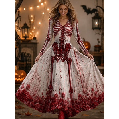 Women's Long Sleeve Halloween A-Line Maxi Dress with Deep V-Neck and Skeleton Print - 2