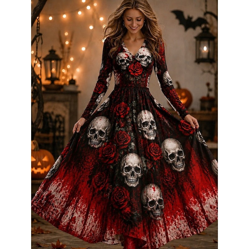 Women's Long Sleeve Halloween A-Line Maxi Dress with Deep V-Neck and Skeleton Print - 4