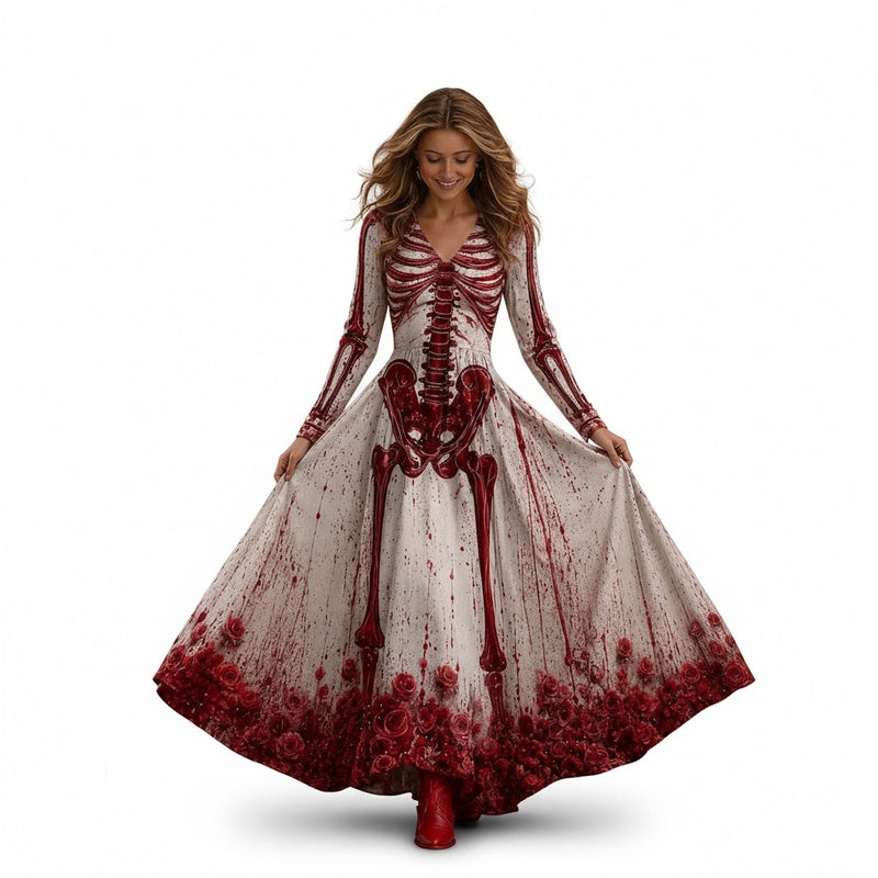 Women's Long Sleeve Halloween Maxi Dress with V-Neck and Skeleton Print - 1