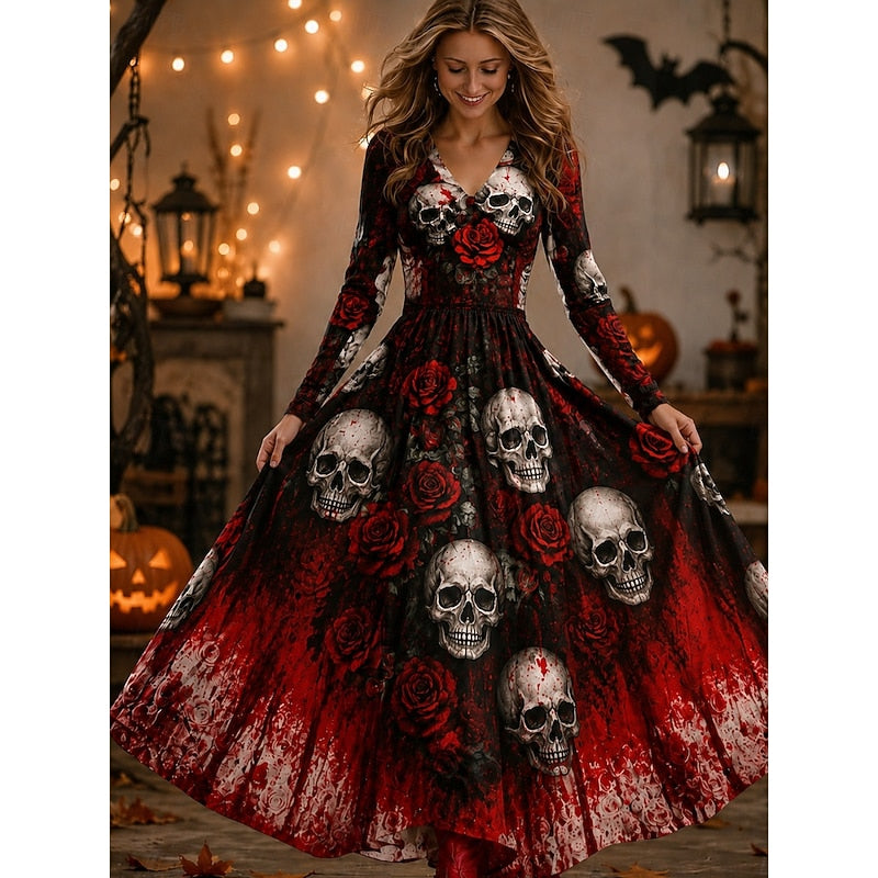 Women's Long Sleeve Halloween Maxi Dress with V-Neck and Skeleton Print - 4