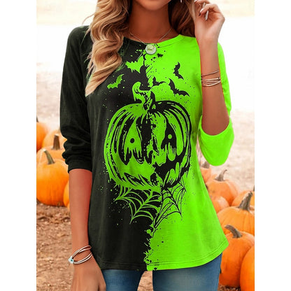 Women's Long Sleeve Two-Tone Halloween T-Shirt with Pumpkin Print and Round Neck - 4