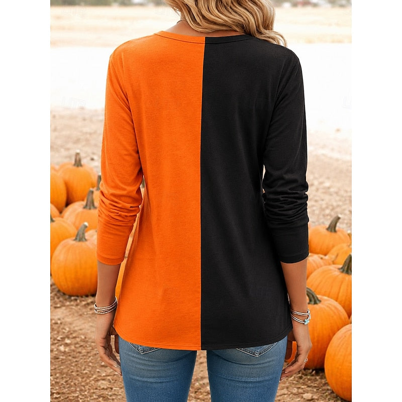 Women's Long Sleeve Two-Tone Halloween T-Shirt with Pumpkin Print and Round Neck - 6