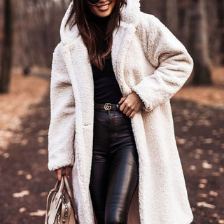Women's Long Teddy Winter Coat with Hood and Oversized Fit