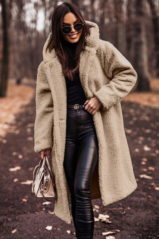 Women's Long Teddy Winter Coat with Hood and Oversized Fit