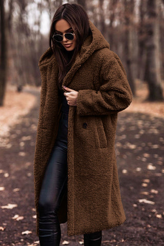 Women's Long Teddy Winter Coat with Hood and Oversized Fit