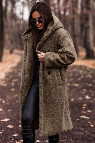 Women's Long Teddy Winter Coat with Hood and Oversized Fit