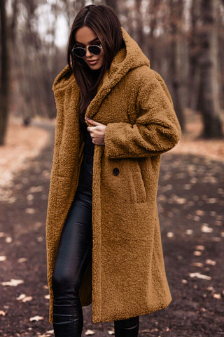 Women's Long Teddy Winter Coat with Hood and Oversized Fit