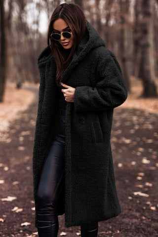 Women's Long Teddy Winter Coat with Hood and Oversized Fit