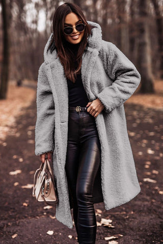 Women's Long Teddy Winter Coat with Hood and Oversized Fit