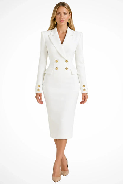 Women's Longline Blazer Dress with Double-Breasted Front and Peak Lapel