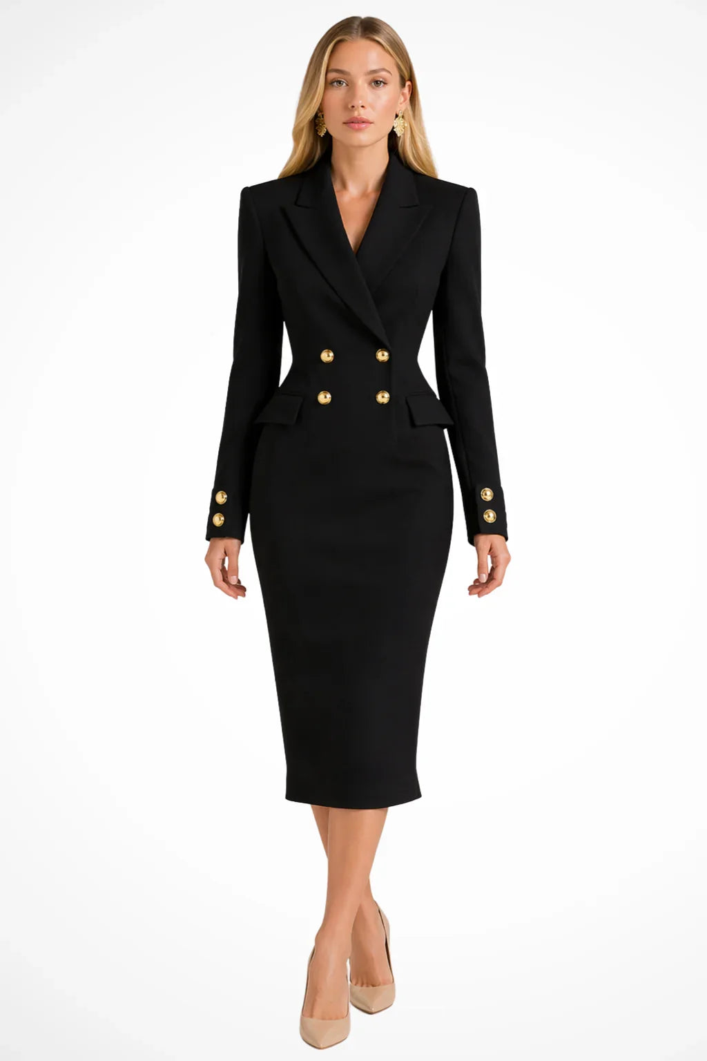 Women's Longline Blazer Dress with Double-Breasted Front and Peak Lapel