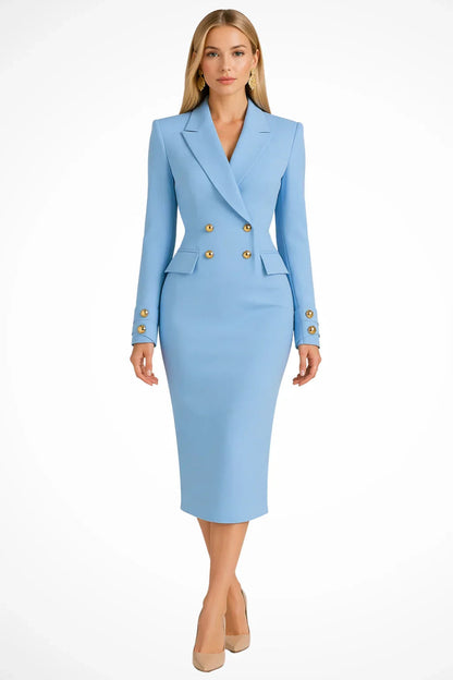 Women's Longline Blazer Dress with Double-Breasted Front and Peak Lapel