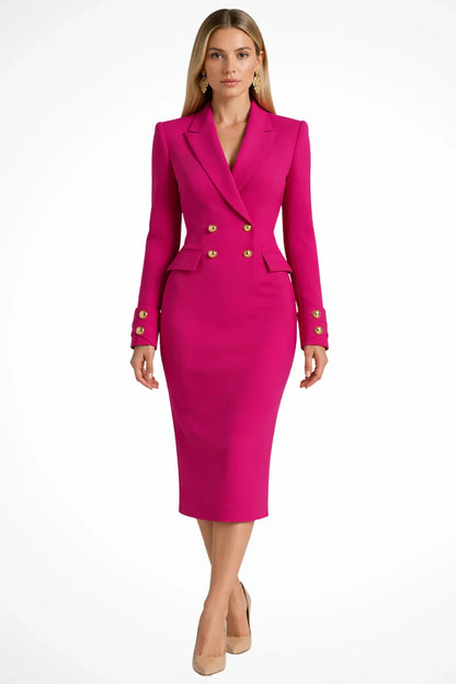 Women's Longline Blazer Dress with Double-Breasted Front and Peak Lapel