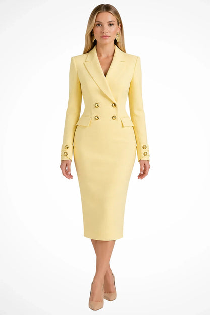 Women's Longline Blazer Dress with Double-Breasted Front and Peak Lapel