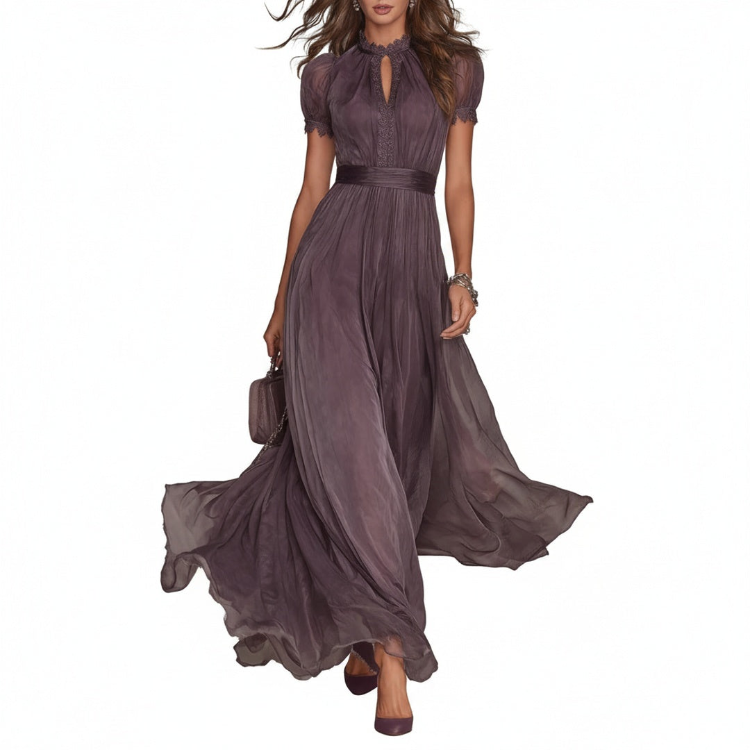 Women's Maxi Evening Dress with Short Sleeves and Keyhole Neckline