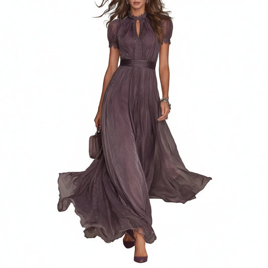 Women's Maxi Evening Dress with Short Sleeves and Keyhole Neckline