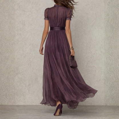 Women's Maxi Evening Dress with Short Sleeves and Keyhole Neckline
