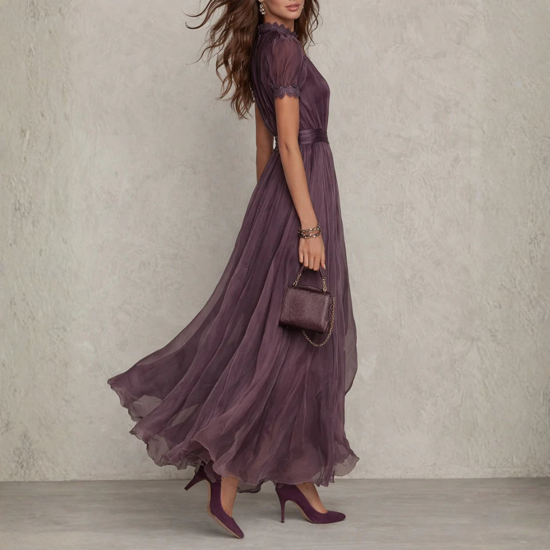 Women's Maxi Evening Dress with Short Sleeves and Keyhole Neckline