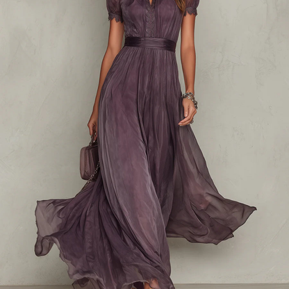 Women's Maxi Evening Dress with Short Sleeves and Keyhole Neckline