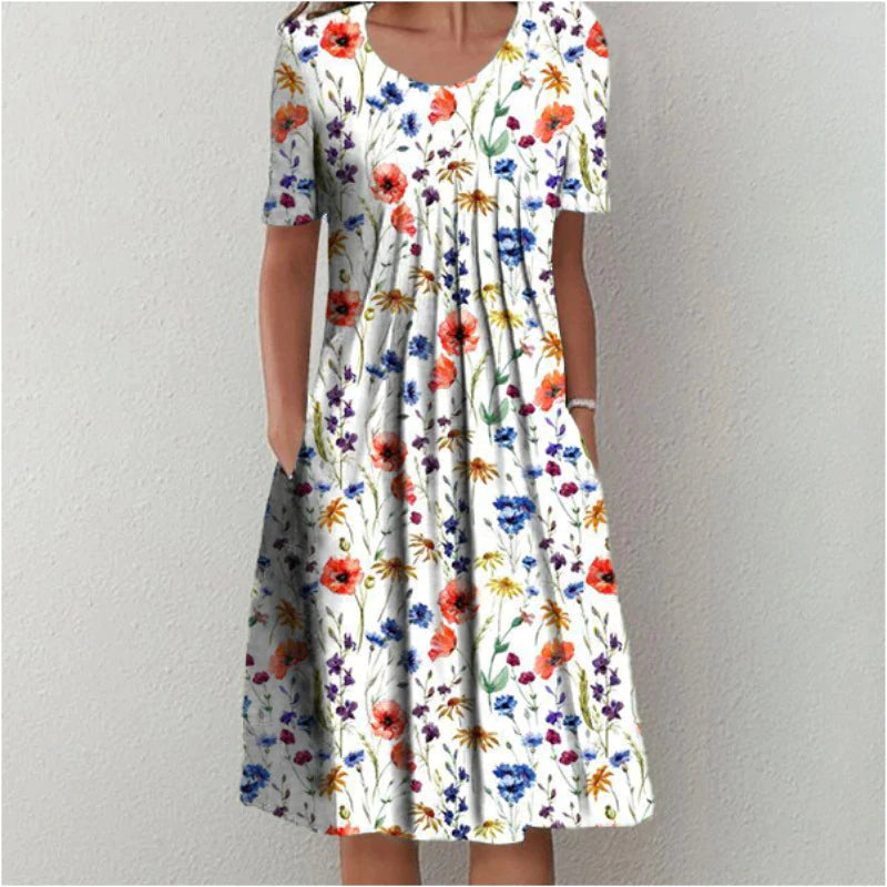 Women's Midi Dress Short Sleeve with Pleated Front and Side Pockets