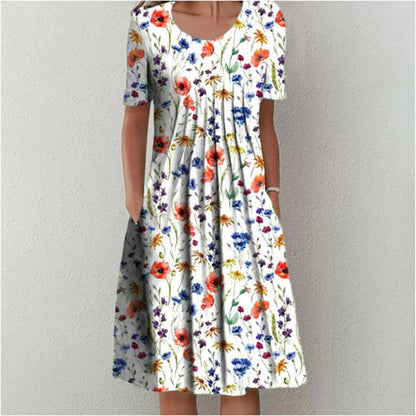Women's Midi Dress Short Sleeve with Pleated Front and Side Pockets