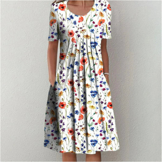 Women's Midi Dress Short Sleeve with Pleated Front and Side Pockets