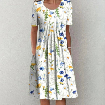 Women's Midi Dress Short Sleeve with Pleated Front and Side Pockets