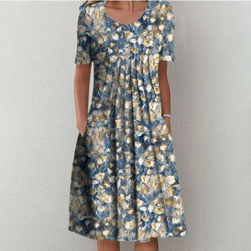 Women's Midi Dress Short Sleeve with Pleated Front and Side Pockets